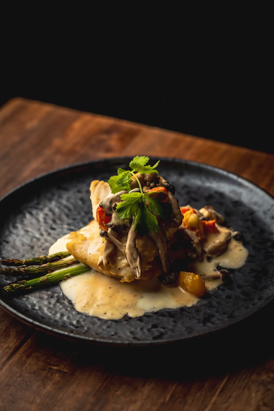 Poblano béchamel halibut with mushrooms and vegetables