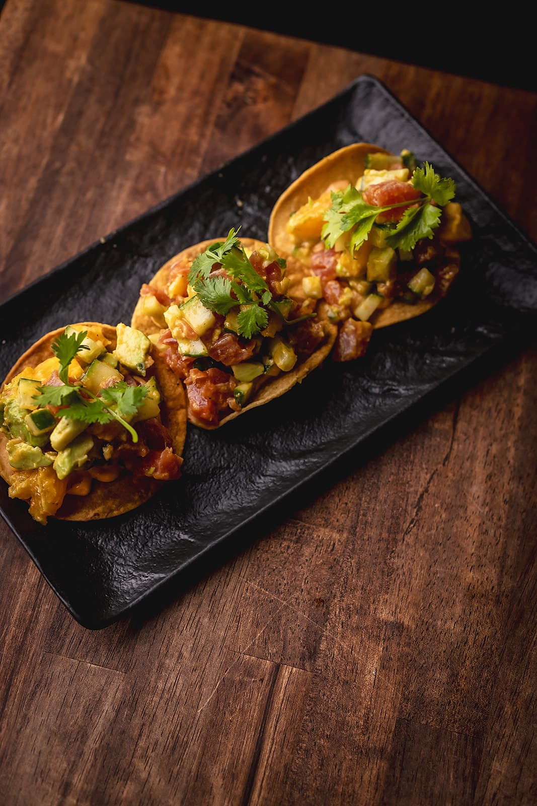 Ahi tuna tostadas with avocado and cucumber