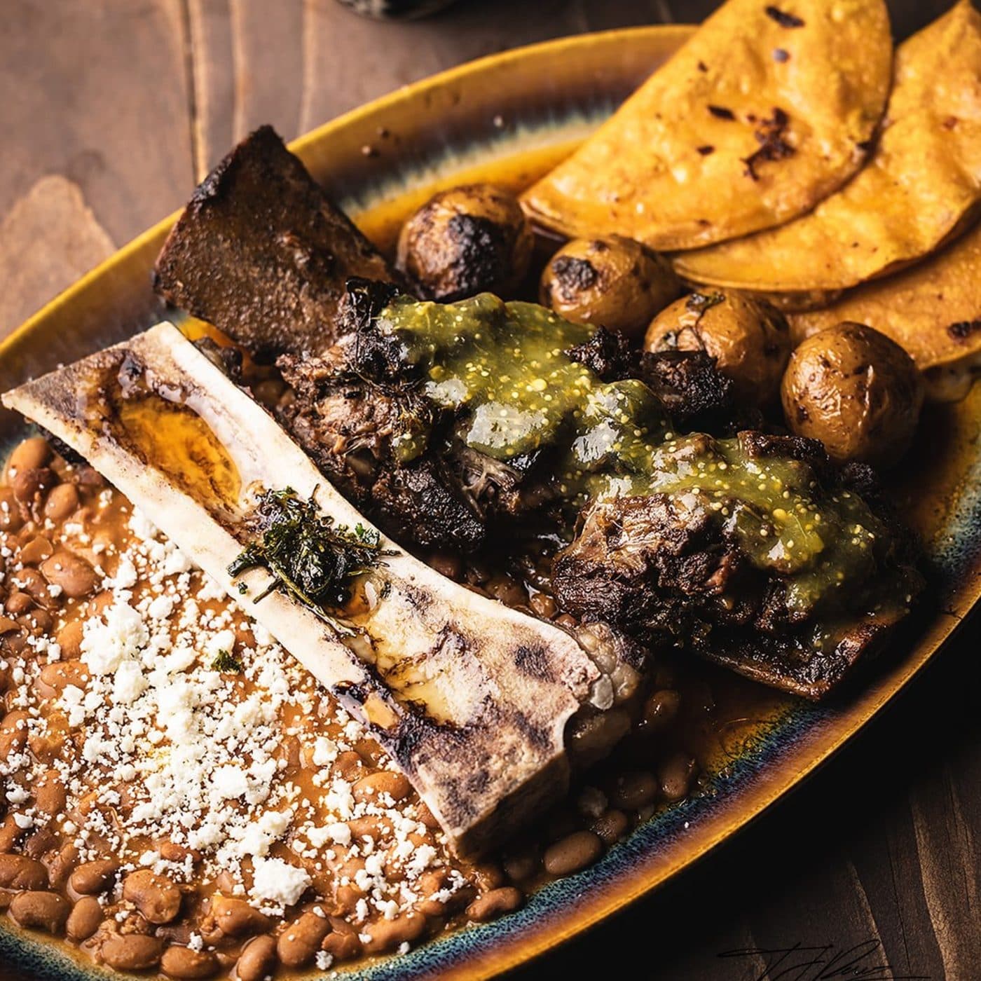 Short rib birria platter with tortillas at Miel de Agave
